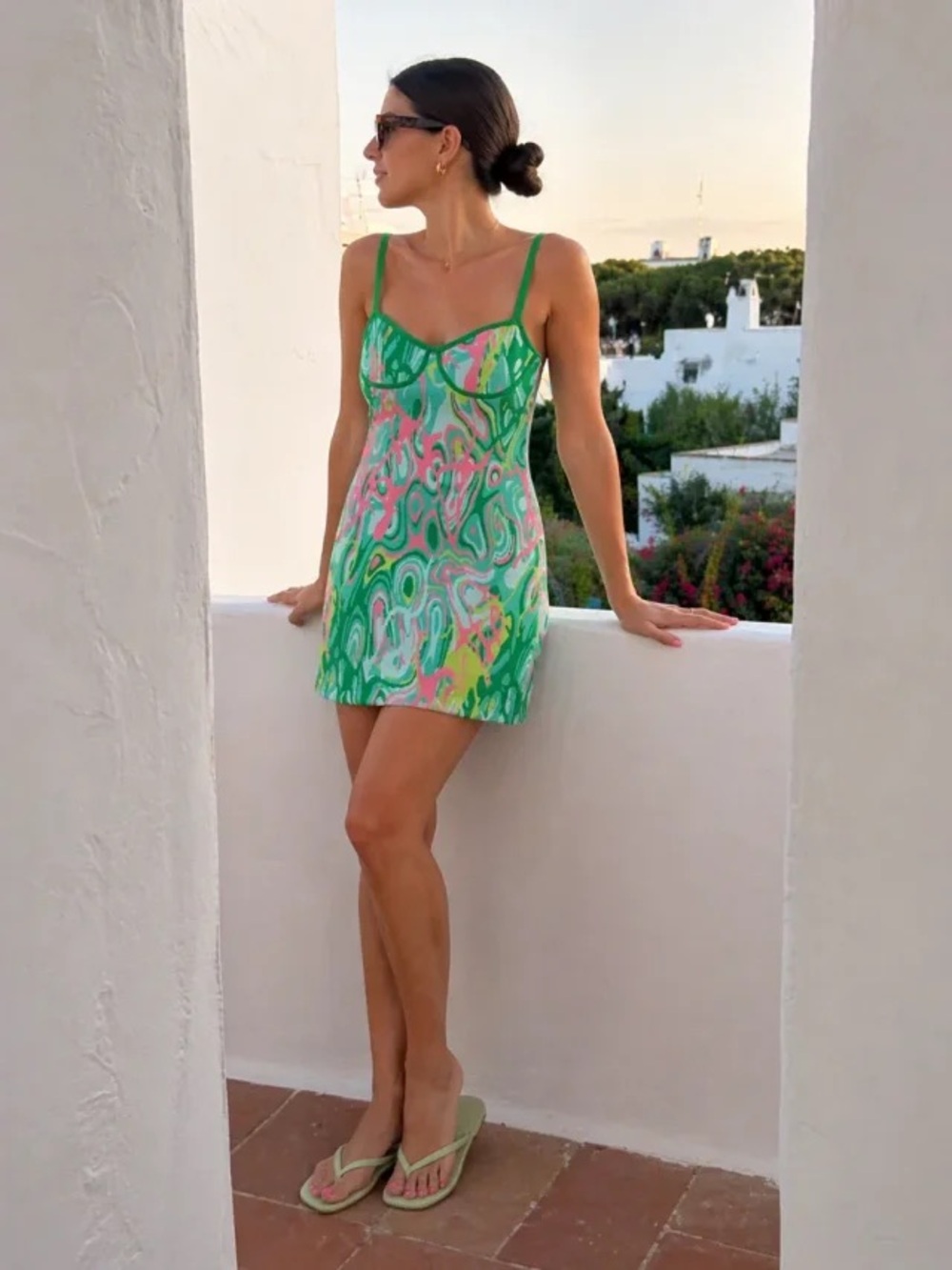NWOT designer ZARA Green and Pink Swirl Mini Dress Sz M Summer Beach Vacay Dress